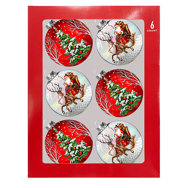 65mm x 6ct  santa/tree glass ornaments