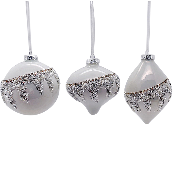 Glass  White Ball, Finial & Onion Ornaments, 3 Assorted