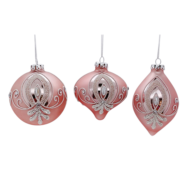 Glass  Pink  Ball, Finial & Onion Ornaments, 3 Assorted 