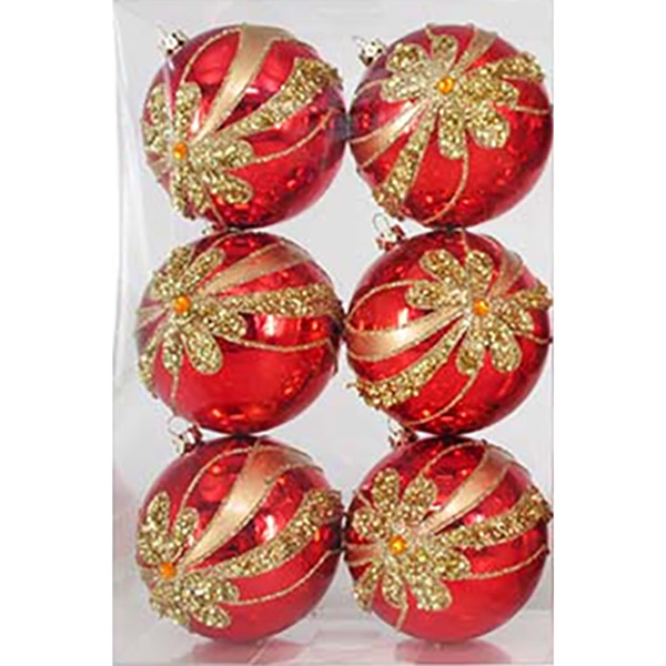 S/6 Shatterproof Red Ornaments with Flower 