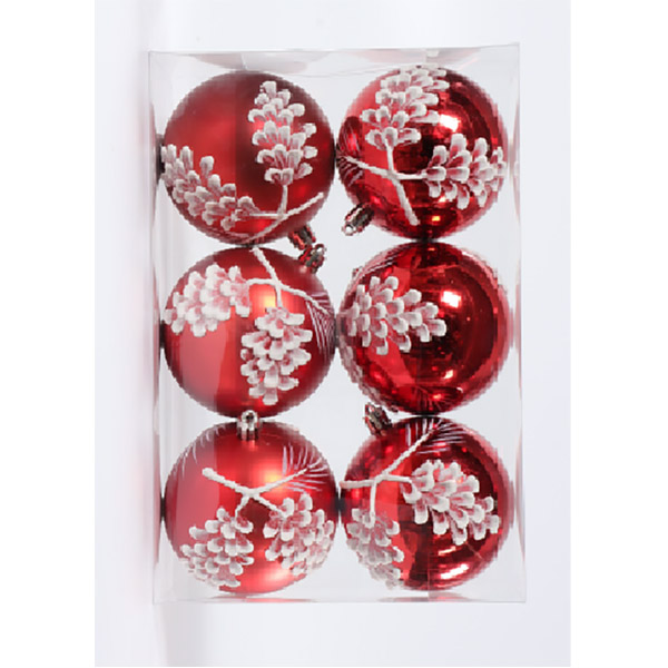 S/6 Shatterproof Red Ornaments with Pinecone  